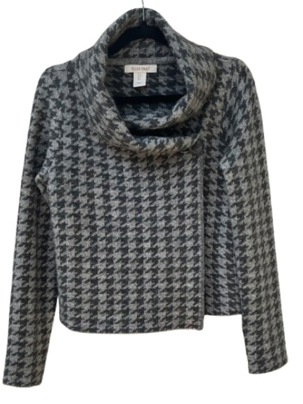 Ellen Tracy Houndstooth Knit Asymmetric Cowl Neck Jacket Sweater Size Small